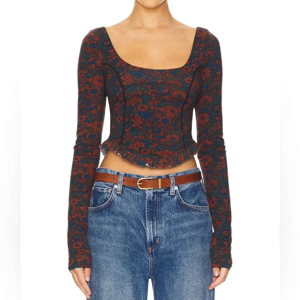 FREE PEOPLE Melanie Long Sleeve Floral Top - Size XS - Crisscross Back - NWT